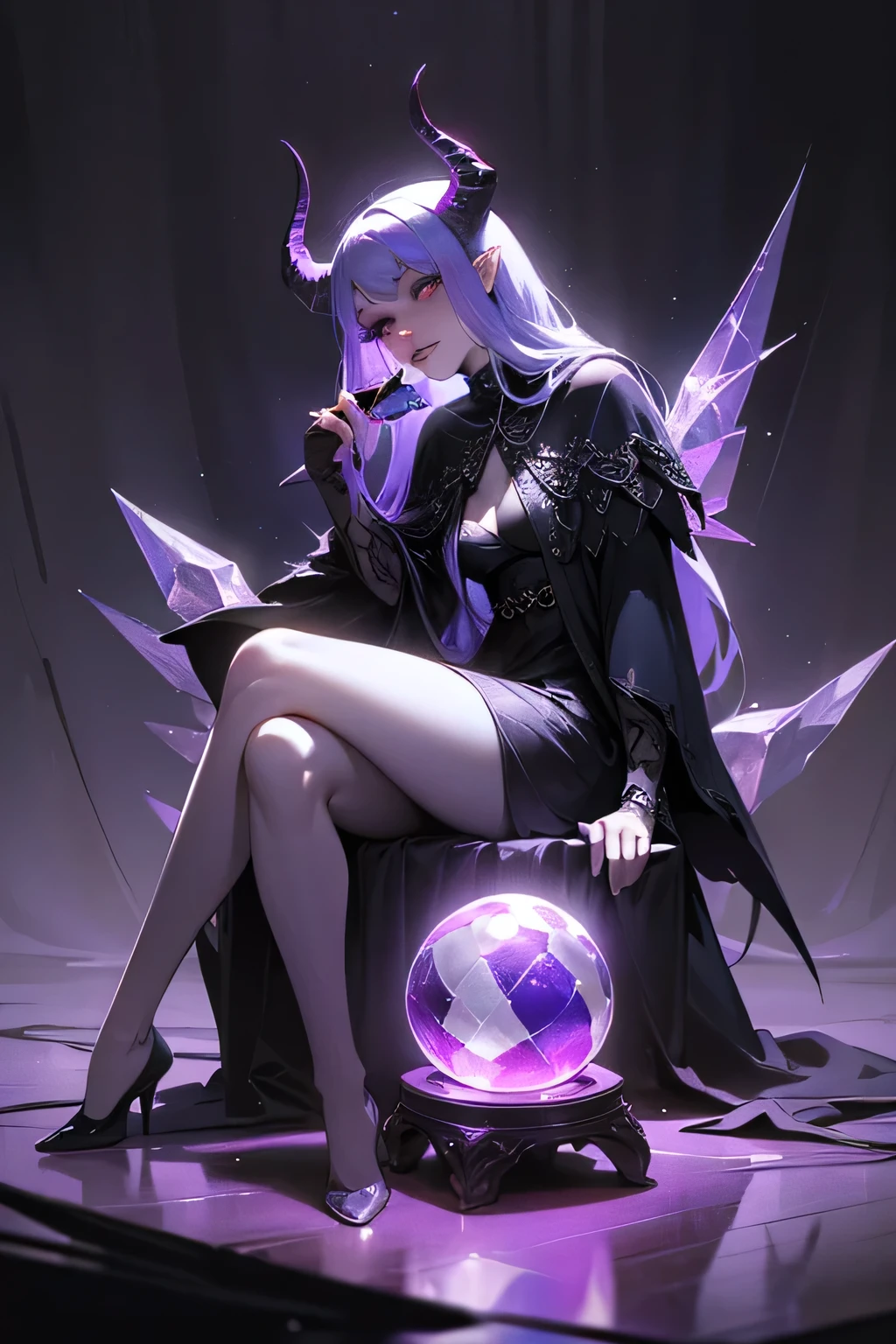 full body, female magical demon type hybrid, beautiful detailed eyes, beautiful detailed lips, extremely detailed eyes and face, long eyelashes, horns, detailed demonic features, sitting down, legs crossed, holding a magic crystal ball in one hand, magical energy emanating from crystal ball, dark fantasy, chiaroscuro lighting, dramatic lighting, moody atmosphere, muted color palette, cinematic composition, photorealistic, 8k, high quality, masterpiece, concept art