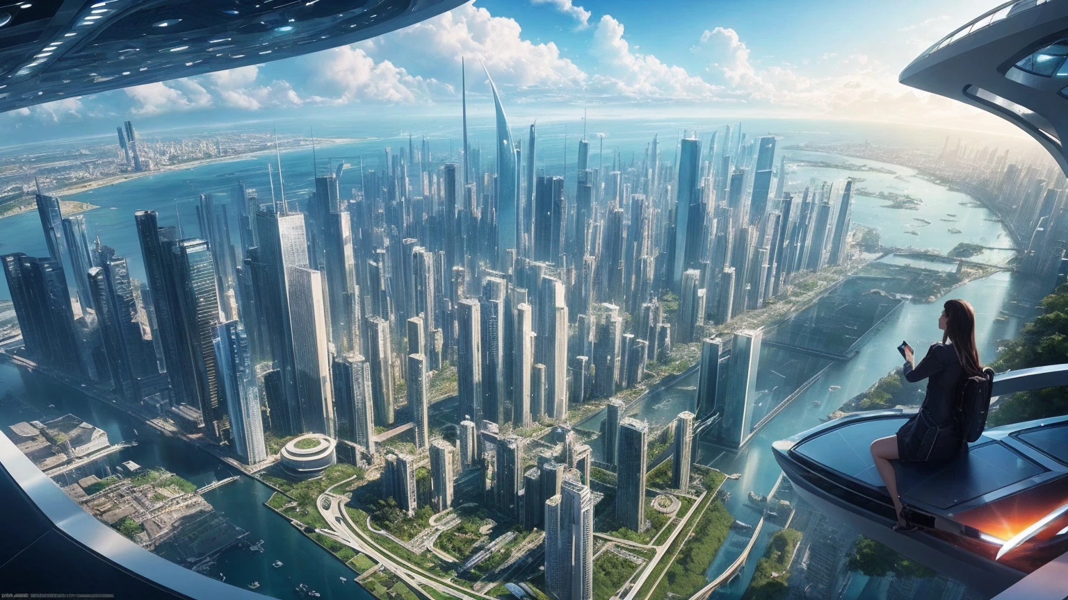 (Best quality,4K,8K,A high resolution,Masterpiece:1.2),Ultra-detailed,(Realistic,Photorealistic,photo-realistic:1.37),Futuristic floating city,Futuristic technology,Huge urban high-tech tablet platform,Airship,Floating in the sky,Futuristic city,Small airships around,High-tech hemispherical platform,Colorful lights,Advanced architecture,modernn architecture,skyscrapper,Access the cloud,Scenic beauty,view over city,Impressive design,Blend seamlessly with nature,energetic and vibrant atmosphere,Futuristic transportation system,Parking is suspended,Transparent path,Lush greenery,Sky gardens,cascading waterfalls,Magnificent skyline,reflections on the water,Sparkling river,Architectural innovation,futuristic skyscrapers,Transparent dome,The shape of the building is unusual,Elevated walkway,Impressive skyline,Glowing lights,Futuristic technology,Minimalist design,Scenic spots,Panoramic view,Cloud Piercing Tower,Vibrant colors,epic sunrise,epic sunset,Dazzling light display,magical ambiance,The future city,Urban Utopia,LuxuryLifestyle,Innovative energy,sustainable development,Smart city technology,Advanced infrastructure,Tranquil atmosphere,Nature and technology live in harmony,Awesome cityscape,Unprecedented urban planning,Architecture connects seamlessly with nature,High-tech metropolis,A cutting-edge engineering marvel,The future of urban living,Visionary architectural concept,Energy-efficient buildings,Harmony with the environment,A city floating above the clouds,Utopian dreams become reality,The possibilities are endless,State-of-the-art transportation network,Green energy integration,Innovative materials,Impressive holographic display,Advanced communication system,Breathtaking aerial view,Quiet and peaceful environment,Modernist aesthetics,Ethereal beauty