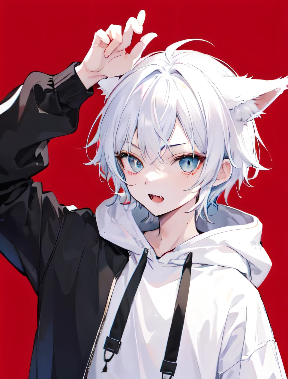 1Boy, Boyish, Catboy, Fangs Showing, Ultra-detailed Ice-colored Dragon Eyes, Eye-focus, Snow-White Hair, Head Shot, Cute Expression, Tight Hoodie, 2 gun, Plain Background