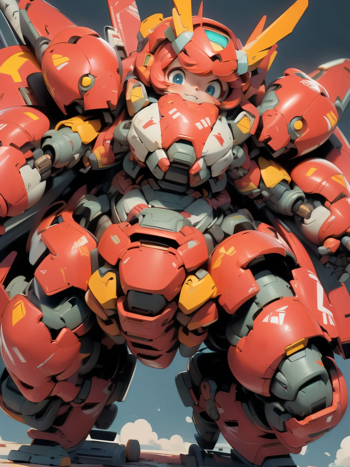 (((1 chibi girl in large red-colored robot costume, from below))), (holding weapons), (((helmet:1.5))), (((looking down:1.4))), ssmile, (chibi), (bulky:1.5), large cute face, mechanical parts, ((mechanical wings)), (full armor:1.8), (mecha armor:1.8), (shoulder guards:1.2),(huger arms), ((mechanical arms:1.5)), (short legs), (huger body:1.8), (heavy equipment:1.6), (from below), (headgear), blue sky, white clouds, robot joints, becoming a mecha, mecha, (RARS), (HRS), ROBOTANIMESTYLE, BJ_Cute_Mech,cute, girl
BREAK
((masterpiece)), vibrant colors, 8k, best quality, ultra detailed illustration, ((best quality)), ((high resolution)), flawless skin textures, shiny oiled skin, extremely detailed anime eyes , extreme light and shadow,