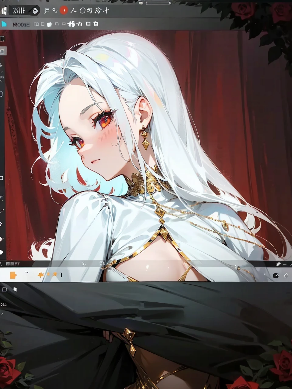 Add in roses to her dress, a good back dress design with some golden jewelry, make her dress into a red and white gown with a hat, give her some unique Jewelry, and make her look somewhat of a demonic angel like appearance to her