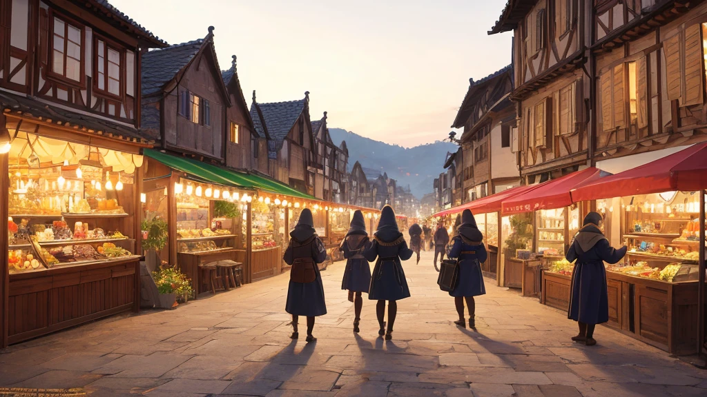 People preparing for the festival々、A person assembling a stall々、Medieval Europe、Small village、Preparations for the festival、Bustling、Streetscape、Fantasy、Fantasy、Daytime、Gorgeous