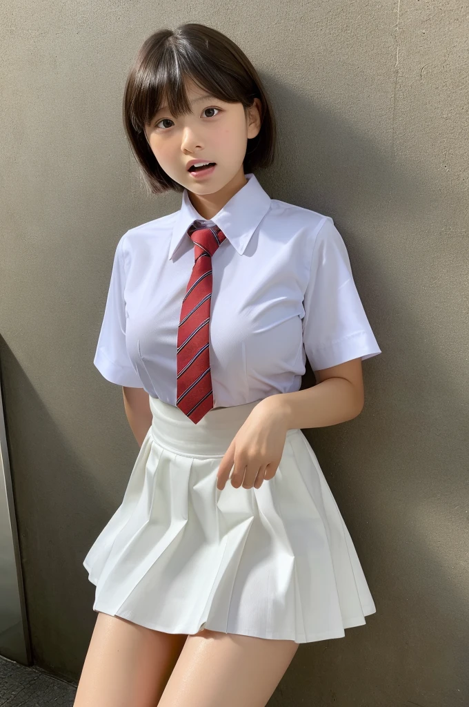 ((highest quality, masterpiece :1.3)), Photorealistic、Ultra-high resolution、Natural skin texture、Hyperrealism、Photograph from the knee up、 beautiful Japanese girl、Short Hairstyles、Large breasts、White collared shirt and tie、mini skirt、Frightened expression