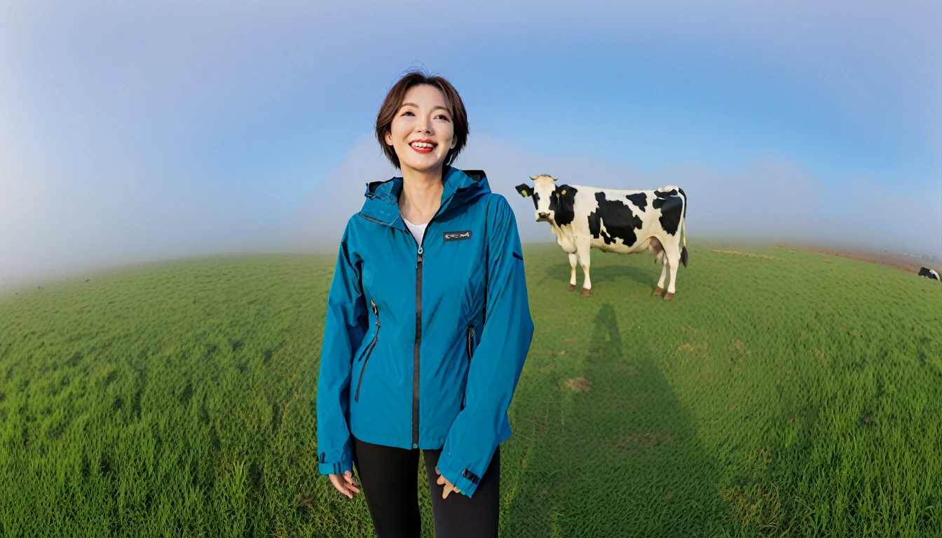 high quality, 1 woman, ((36 years old 건강한 한국 여성)), ((36 years old)), 1 woman, The eyes are big and beautiful. ((slim)), ((short medium hair)), laugh. pose: standing, Luxury brand windbreaker jacket, background: 1 woman, California, dawn, Fog, pasture, Cow, grass. plains, Full body shot with 16-34 wide angle lens, look up to the side, blue sky, So that you can see the whole body, Fog낀 pasture에서 Cow가 풀을 먹는다.