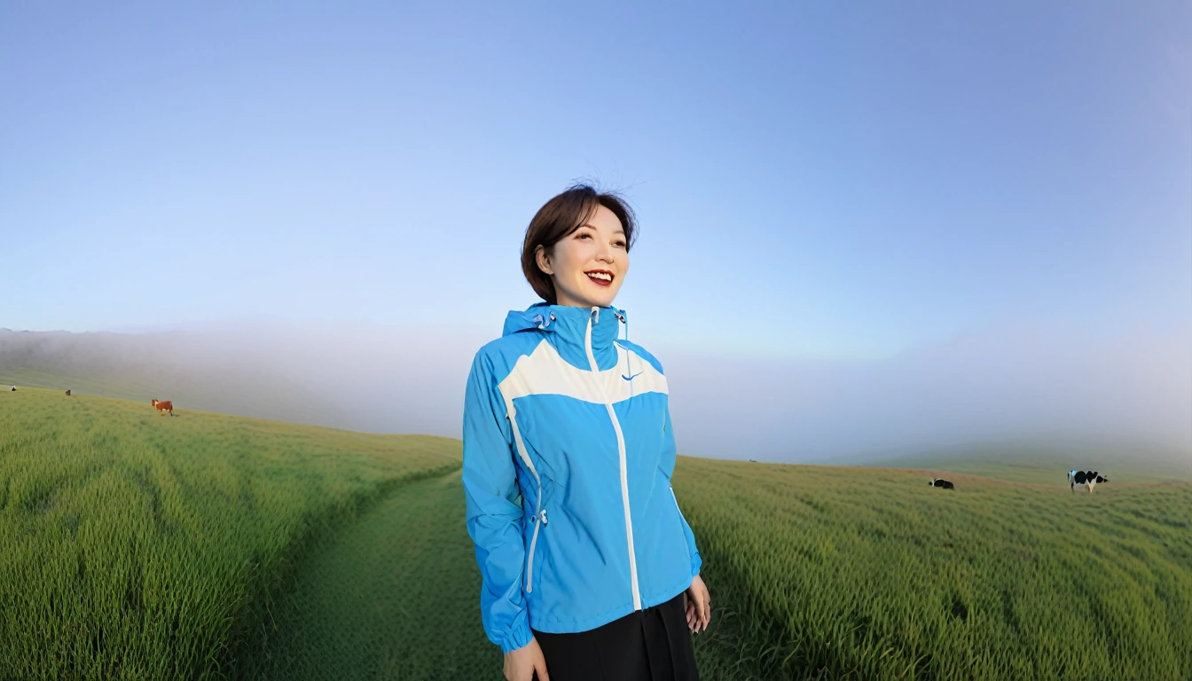 high quality, 1 woman, ((36 years old 건강한 한국 여성)), ((36 years old)), 1 woman, The eyes are big and beautiful. ((slim)), ((short medium hair)), laugh. pose: standing, Luxury brand windbreaker jacket, background: 1 woman, California, dawn, Fog, pasture, Cow, grass. plains, Full body shot with 16-34 wide angle lens, look up to the side, blue sky, So that you can see the whole body, Fog낀 pasture에서 Cow가 풀을 먹는다. 