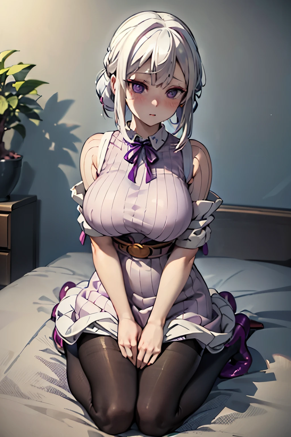 (Highest quality:1.1), (masterpiece:1.4), (Absurd:1.0), Portrait, Close-up,
One Girl、Amane Sanyashiki、White Hair、Purple eyes、Big Breasts、((Knitted dress))、Looking at the audience、Bedroom、(blush:1.2)、Embarrassed expression、((pantyhose))、On the bed、((Kneeling))、boots