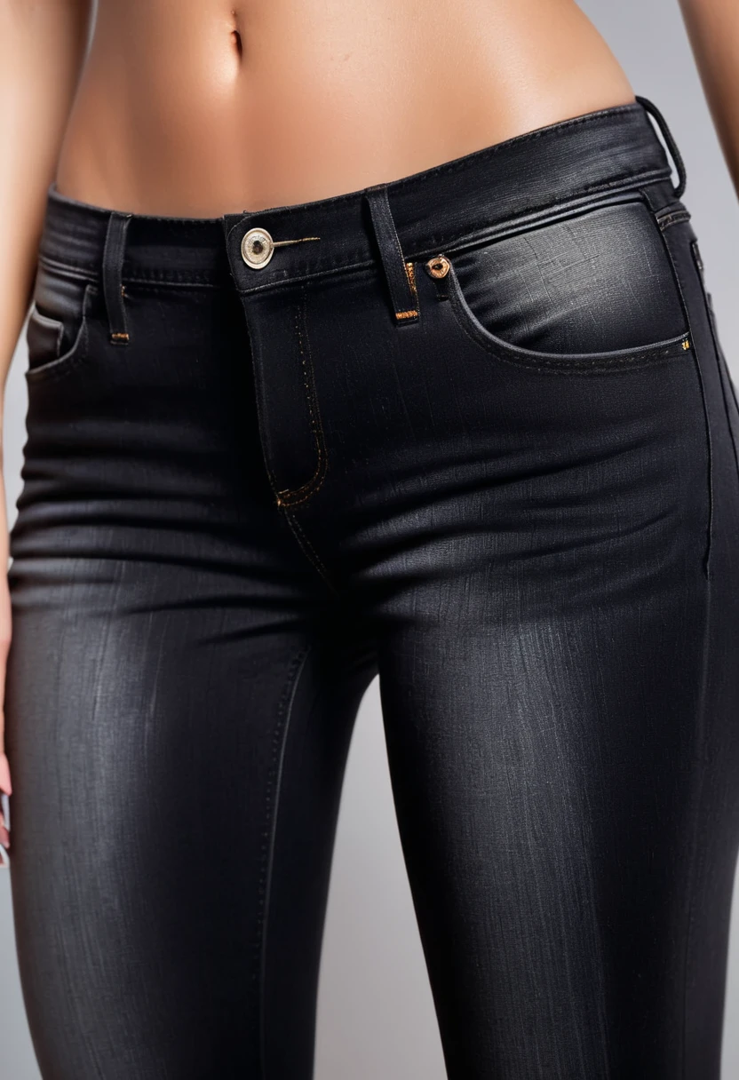 Close up on the crotch of a sexy woman wearing a super skinny washed-out black jeans.