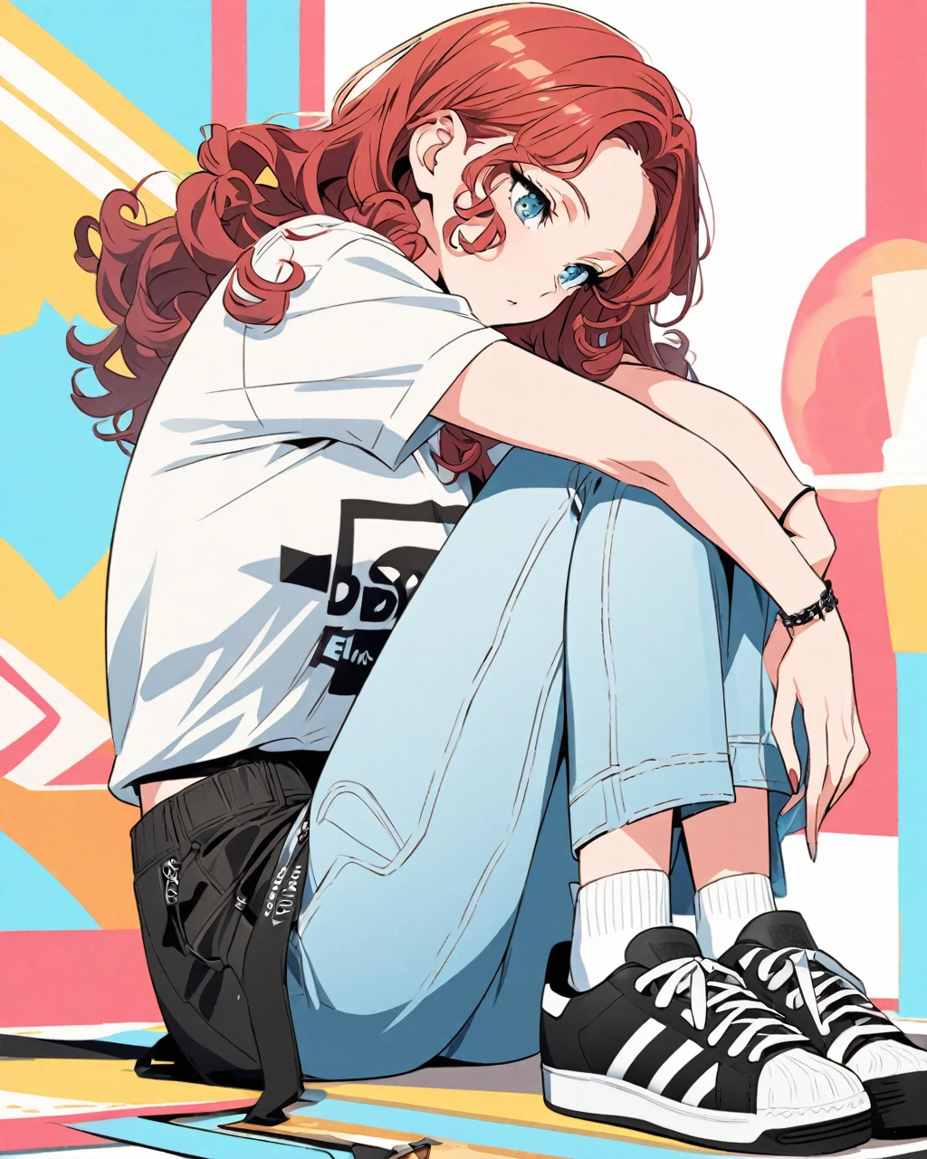 Create an anime-style illustration of a fashionable young woman with red curly hair sitting on the floor, hugging her knees. She has fair skin and is looking slightly to the side with a thoughtful expression. She is wearing a black and white striped t-shirt with short sleeves, light blue high-waisted jeans, and black Adidas sneakers with white socks featuring a black logo. The background is plain and light-colored to highlight her stylish outfit. Ensure the illustration captures the trendy and casual fashion style, with vibrant colors and detailed anime characteristics