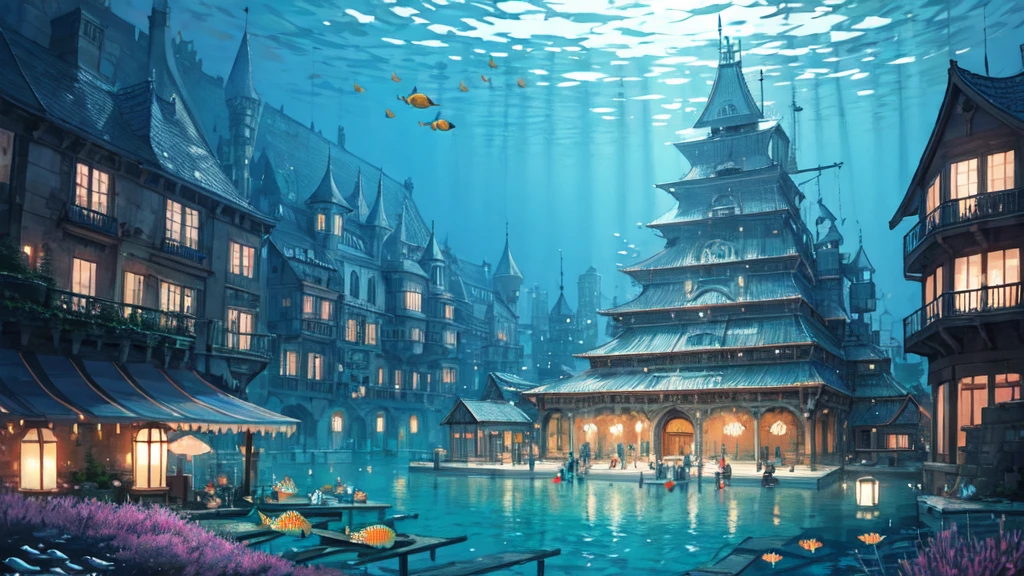 Submerged city, underwater opera house, illustration, nostalgic, underwater, water city, vivid, background only, bright, underwater