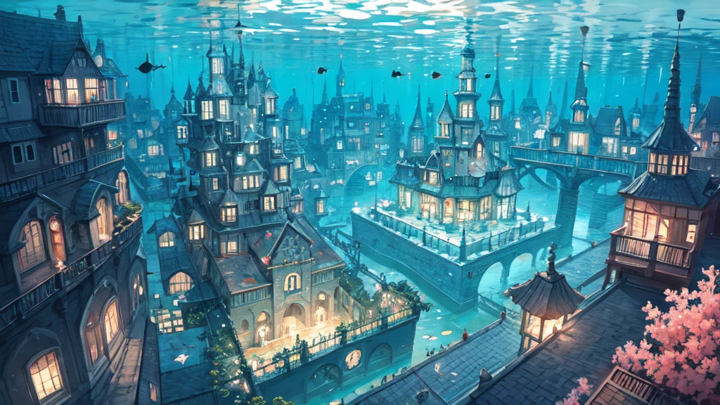 Submerged city, underwater opera house, illustration, nostalgic, underwater, water city, vivid, background only, bright, underwater
