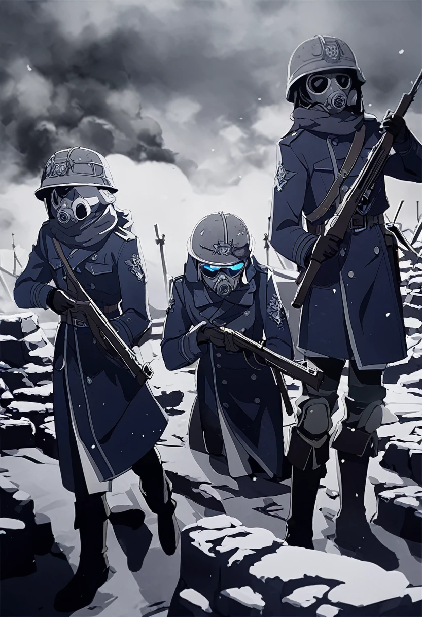 Krieg Death Corps Guards, 3 persons, dressed in dark blue trench coats, helmet "Hadrianka", trenches, gas masks, world war 1 atmosphere