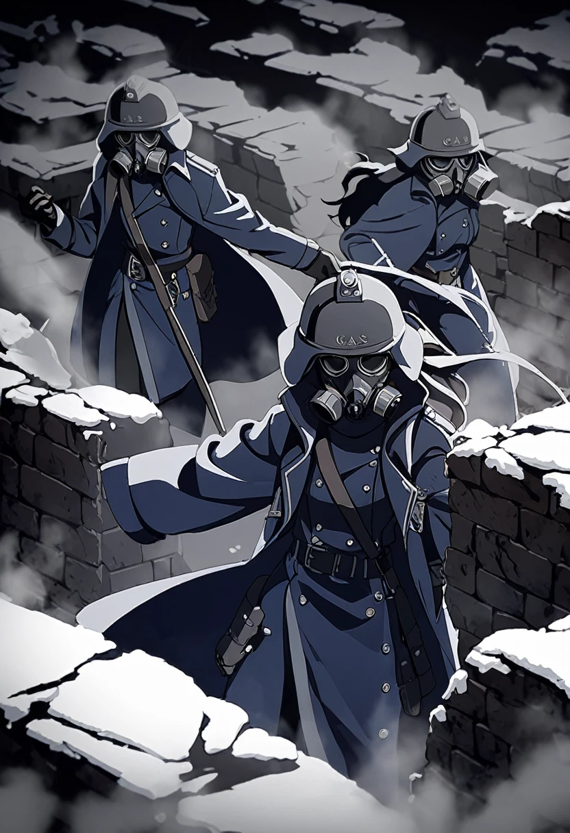 Krieg Death Corps Guards, 3 persons, dressed in dark blue trench coats, helmet "Hadrianka", trenches, gas masks, world war 1 atmosphere