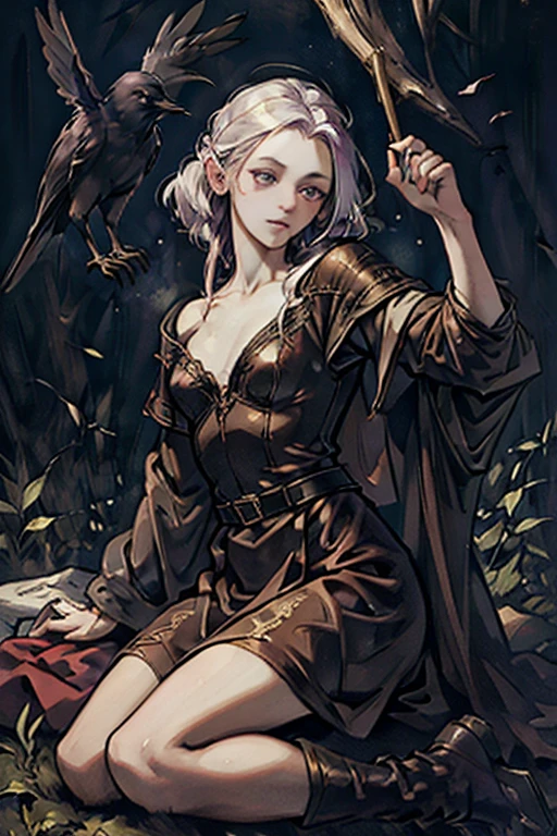 (playing with a raven:1.4),((ultra realistic illustration:1.2)),(dark fantasy:1.4), In a mystical forest. Beautiful Elven mage. Wild (magenta hair), violet eyes, ((very pale:1.4)), beautifully fit figure, small perky breasts. (tribal war paint), leather bustier, cape, thigh high boots .Masterpiece, (highly detailed:1.2),(detailed face and eyes:1.2), 8k wallpaper, natural lighting. core shadows, high contrast, bokeh.