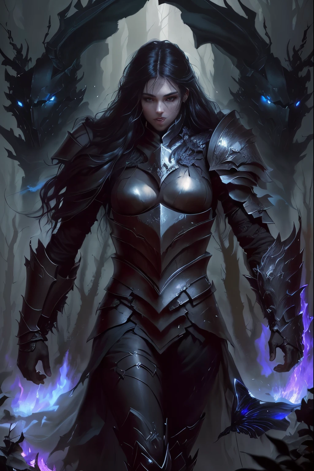 blurred image of a woman in armor walking through a dark forest, dark fantasy style art, dark fantasy character design, pale black armour, dark armor, dark warrior, Abaddon by Magali Villeneuve, gothic knight, Lord of the Ashes, dark fantasy concept art, fantasy warrior in full armor, in style of dark fantasy art, dark fantasy art, black armour