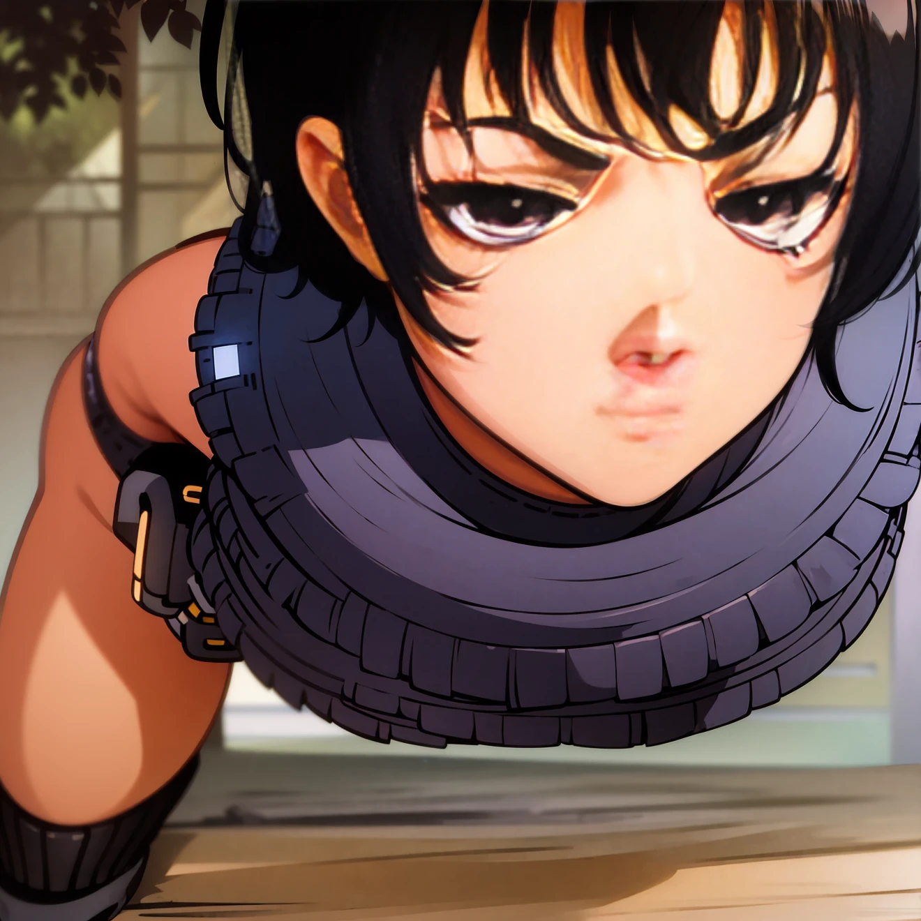 1girl, short hair, black hair, spiked hair, purple eyes, short blue, black shirt, short black skirt, bike shorts, purple, fingerless gloves, solo, perfect lighting, shadows, outdoors, looking at viewer, serious and expressionless face, standing alone, full body, great detail , detailed eyes, hdr, 8k, ultra realistic, (beautiful detailed eyes), (detailed light), ((intricate detail)), (high resolution), ((illustration)), (((masterpiece))), ((best quality)), (high resolution).