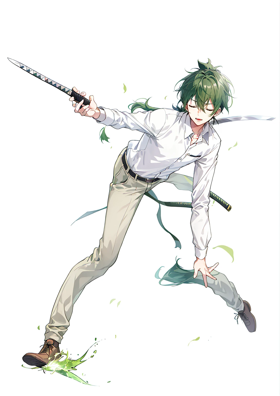 1 boy, 27 years old, full body, hair between eyes, dark green hair, Lower ponytail, collared shirt, slacks, safari jacket, closed eyes, katana, dynamic composition,