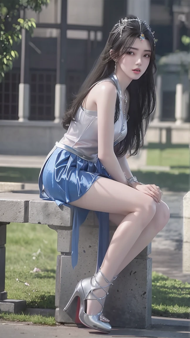 A beautiful young woman，Long hair，Wearing pajamas，Wearing silver high heels，Wearing a skirt，full-body shot，Sitting on a stone bench，front Photo，full-body shot