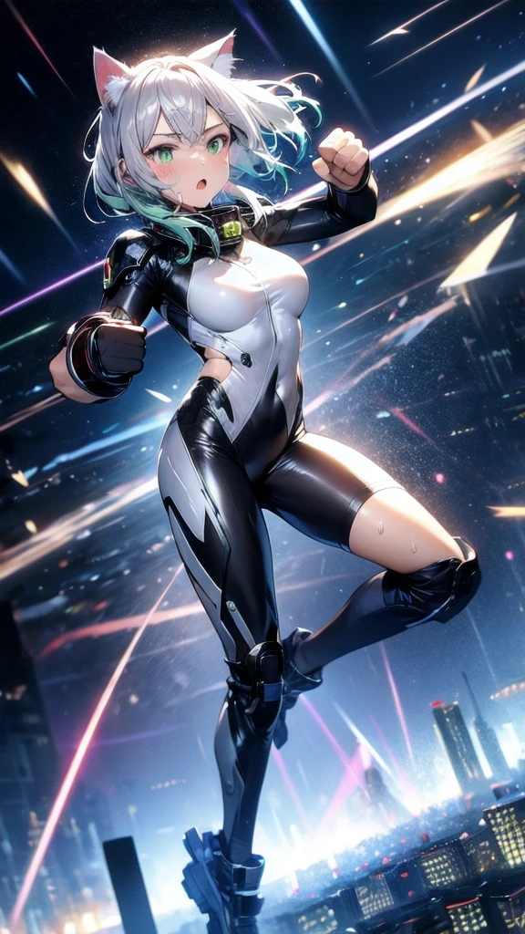 A silver-haired beautiful girl with cat ears eyes are green hair is silver and long clothes: a form-fitting black combat suit The fist is an afterimage The background is a city at night her is in a cat-like fighting pose The year is  monitor, Dark Night, Sweat, Steam of Exhalation, Space, Battle, Dynamic Angle　one girl