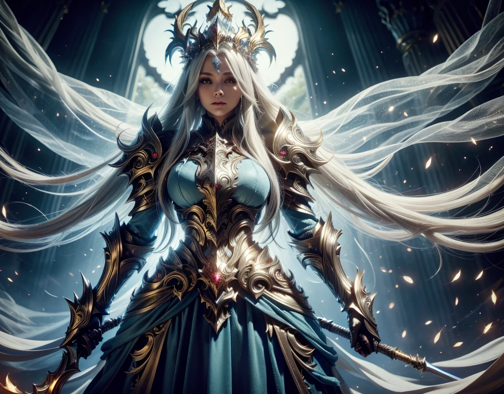  In a clear day forest, there is a woman highlighting her remains of her feathers well shed. A goddess with long white hair, golden crown with large magic crystal in the white shiny center, wearing a blue costume of a sorceress costume of paladin powers, futuristic. Anja War Armor with Big Aza 
 with fine gold accents, on a large tree facing me. Details:1.2) 4K ultra-HD, digital SLR, soft lighting, high quality, 