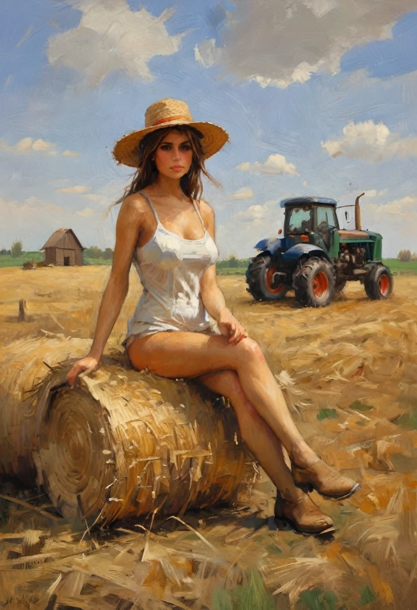 High Resolution, High Quality, Masterpiece, young woman sitting on a hay bale, farm girl, wearing nothing but a sun hat and farm boots, naked body, full body, tractor in background, wide open hay field, is a painting by the artist Arkady Plastov 