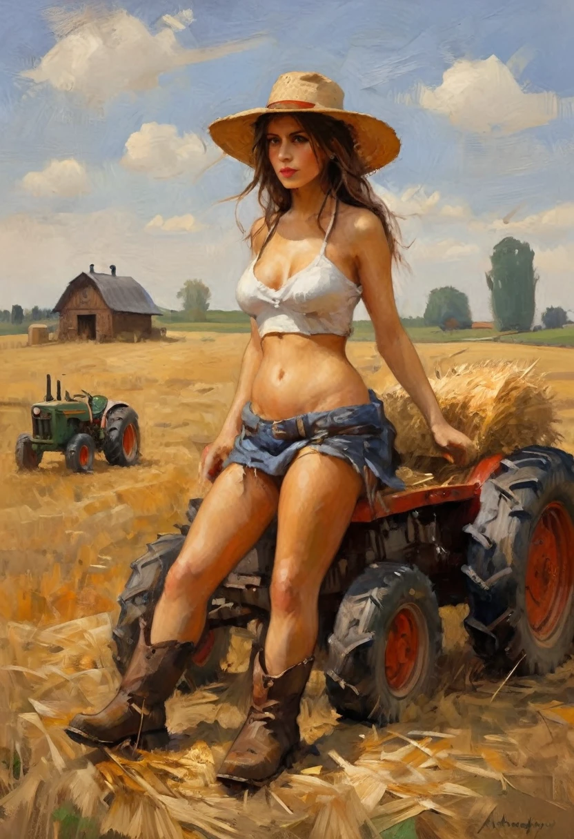 High Resolution, High Quality, Masterpiece, young woman sitting on a hay bale, farm girl, wearing nothing but a sun hat and farm boots, naked body, full body, tractor in background, wide open hay field, is a painting by the artist Arkady Plastov 