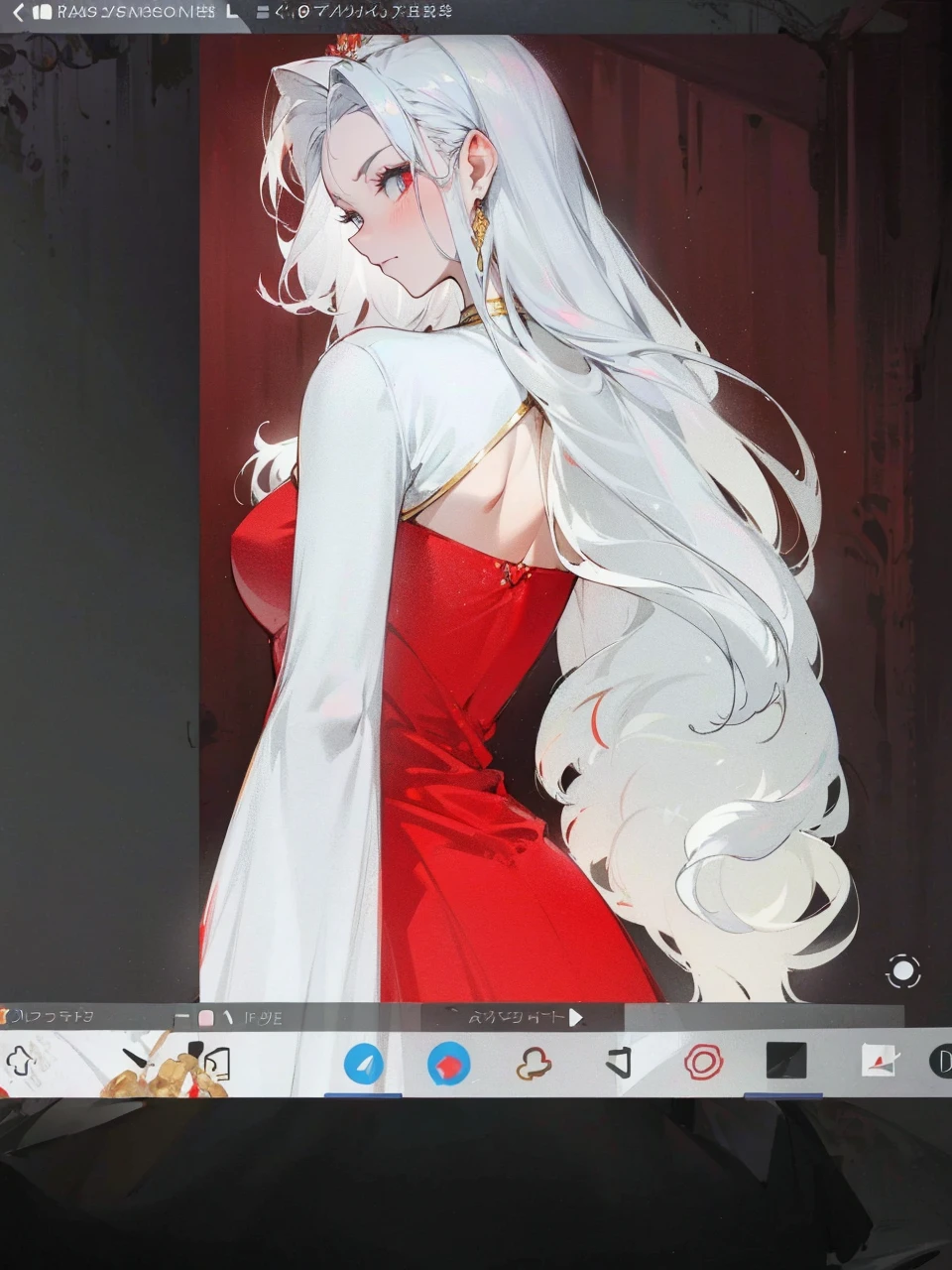 Add in roses to her dress, a good back dress design with some golden jewelry, make her dress into a red and white gown with a hat, give her some unique Jewelry, and make her look somewhat of a demonic angel like appearance to her