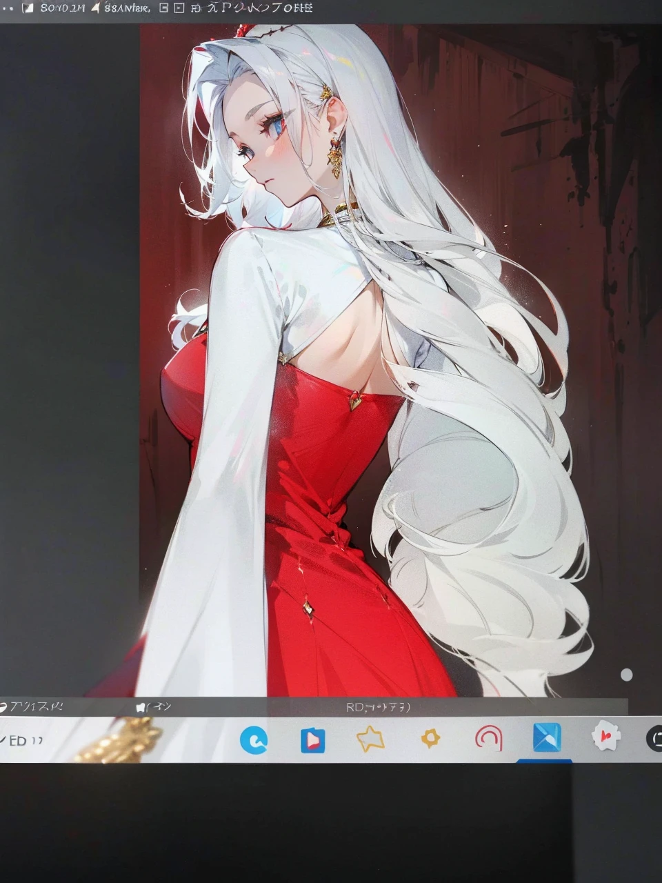 Add in roses to her dress, a good back dress design with some golden jewelry, make her dress into a red and white gown with a hat, give her some unique Jewelry, and make her look somewhat of a demonic angel like appearance to her