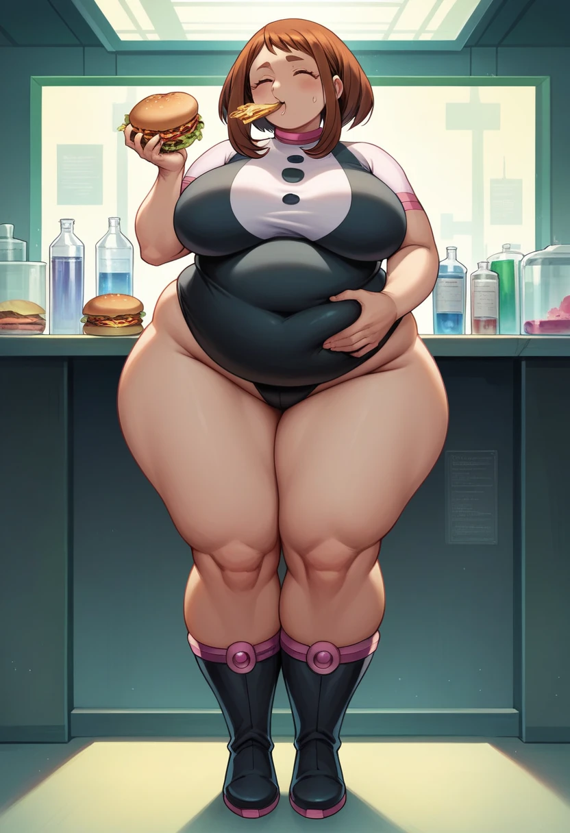 1girl, superhero, Ochako Uraraka, long black hair, black leotard, black bare legs, black boots, solo focus, hands on belly, full body shot, mature lady, laboratory, sittings, eating hamburgers, hamburguers,, girl fat, obese body, bigger belly, bigger ass, bigger breast, large thighs, wide hips, sexy, stockings, laboratory, sittings, eating hamburgers, hamburguers, (Masterpiece:1.2), best quality, high resolution, beautifully detailed, extremely detailed, perfect lighting,
