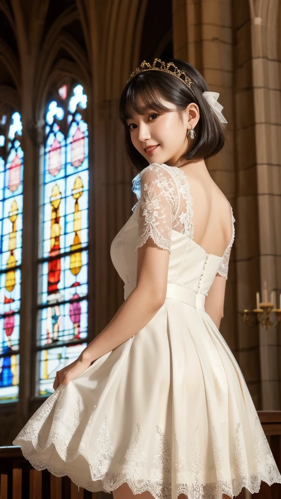 (8k, Photorealistic, Raw photo, Highest quality: 1.4),Japanese idol-style beautiful girl,model,1 person,18-year-old,(Short Bob),(Black Hair),tiara,She has her hair tucked behind her ears,Clear grey eyes,(Long eyelashes),(eye shadow),(Eyeliner),(eyeliner),(piercings(small)),cheek(Beige brown color),(Lip gloss(Deep vermilion)),lips(Plump,glossy),Translucent white and finely textured skin,thin long neck,Thin and delicate shoulders,(Lace gloves(White)),(Wedding Bouquet :1.1),(Wedding dress((Frills),(Lace embroidery),(Plumpした),(Long skirt(Floor-length hem :1.2)))),(layer),(High heels(White)),(Background of a Gothic-style stone church with stained glass windows),View from diagonally behind,Looking back at the camera and smiling,Full body portrait