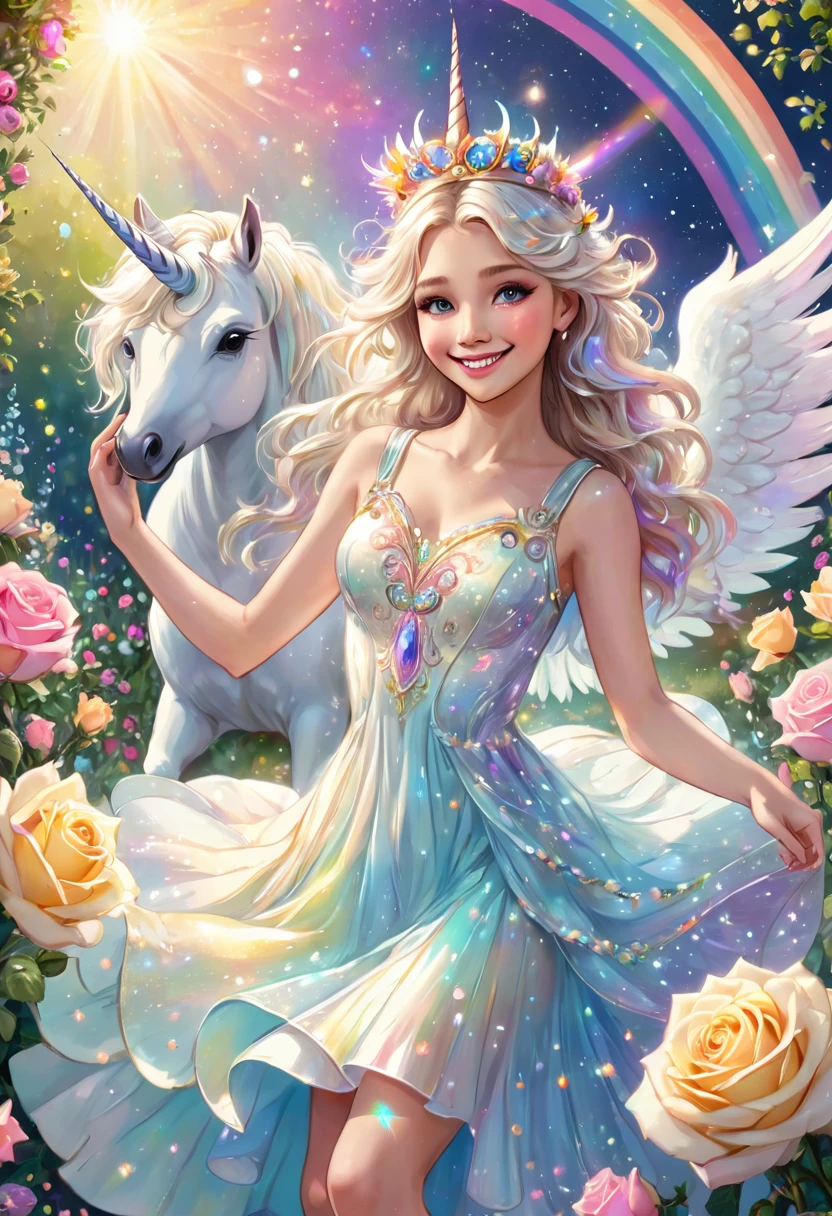 close-up, A beautiful angel girl is dancing with white unicorn, smiling, surrounded by crowns and jewels, in a pastel colored dress, in a garden of pastel colored roses, smiling, joyful, rainbow light, integration of the moon and the sun, milkyway