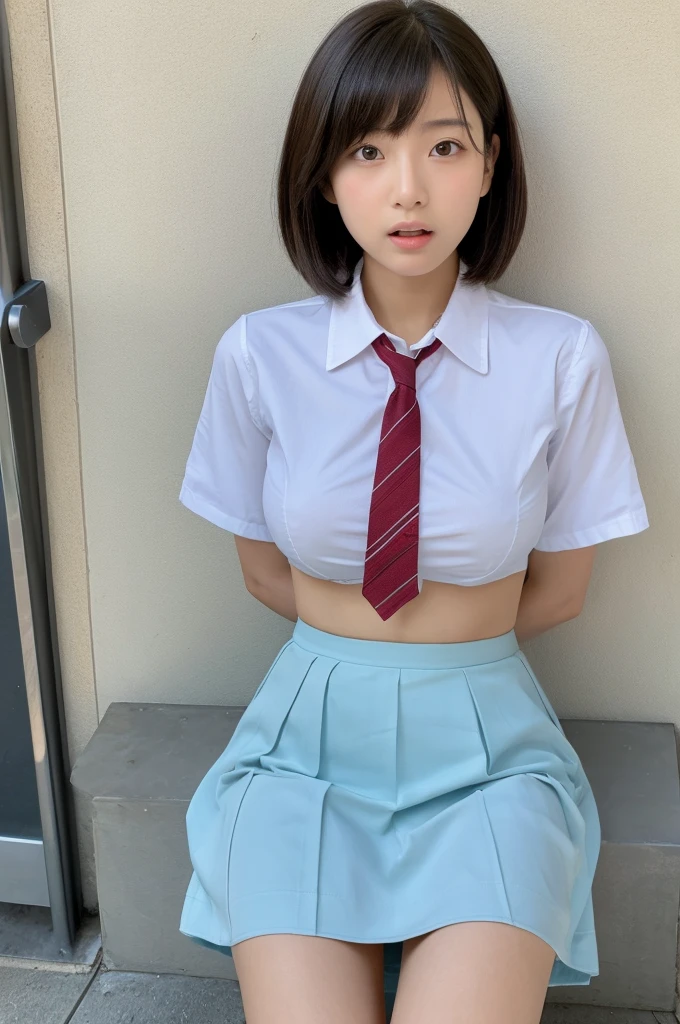 ((highest quality, masterpiece :1.3)), Photorealistic、Ultra-high resolution、Natural skin texture、Hyperrealism、Photograph from the knee up、12 year old beautiful Japanese girl、Short Hairstyles、Large breasts、White collared shirt and tie、mini skirt、Frightened expression