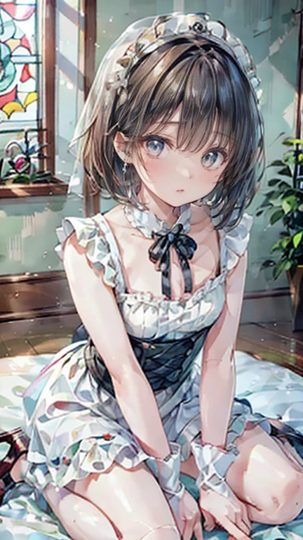 (8k, Realistic, RAW Photos, Highest quality: 1.4),Japanese idol-style beautiful girl,model,1 person,18-year-old,(Short Bob),(Black Hair),tiara,She has her hair tucked behind her ear,Transparent grey eyes,Long eyelashes,eyeliner,eyeliner,(Earrings(small)),cheek(Beige brown),(Lip gloss),lips(Plump,Shiny),透明感のあるwhiteさとキメの細かい肌,thin long neck,Thin and delicate shoulders,(Lace gloves(white)),(Wedding Bouquet),(Wedding dress(Frills,Plumpしたロングスカート :1.1)),(layer),(Fishnet tights(white)),(High heels(white)),(Background of a Gothic stone church with stained glass windows),Smiling for the camera,Full body portrait