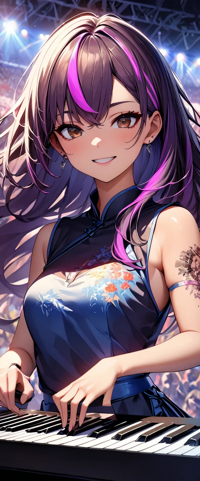 (highest quality:1.2, Very detailed, up to date, Vibrant, Ultra-high resolution, High Contrast, masterpiece:1.2, highest quality, Best aesthetics), Portraiture、girl、keyboard player、stage、performance、Rock Music、Bright colors、Beautiful fine details、Beautiful lip detail、long hair、black and purple ((streaked hair:1.6)), highlights hair: 1.5, brown eyes, slim body, (small breast:0.7), Music band、Cheerful pose、Concert Light、Edgy Style、(colorful Cheongsam:1.2), (no sleeve:1), Dynamic Movement、hypnotic sounds、Stadium、amplifier、Loud music、(playing keyboards:1.6), (Floral Fineline tattoo design on left arm:1), Passionate performance、Sparkling stage、Concert atmosphere、Music Festival、Full of emotion、Rock star attitude、Resolute expression、Avid Fan、The presence of an attractive stage、 Expressive gestures、Rock star aura、An exciting atmosphere、Sing with all your heart、An unforgettable show, closs earing