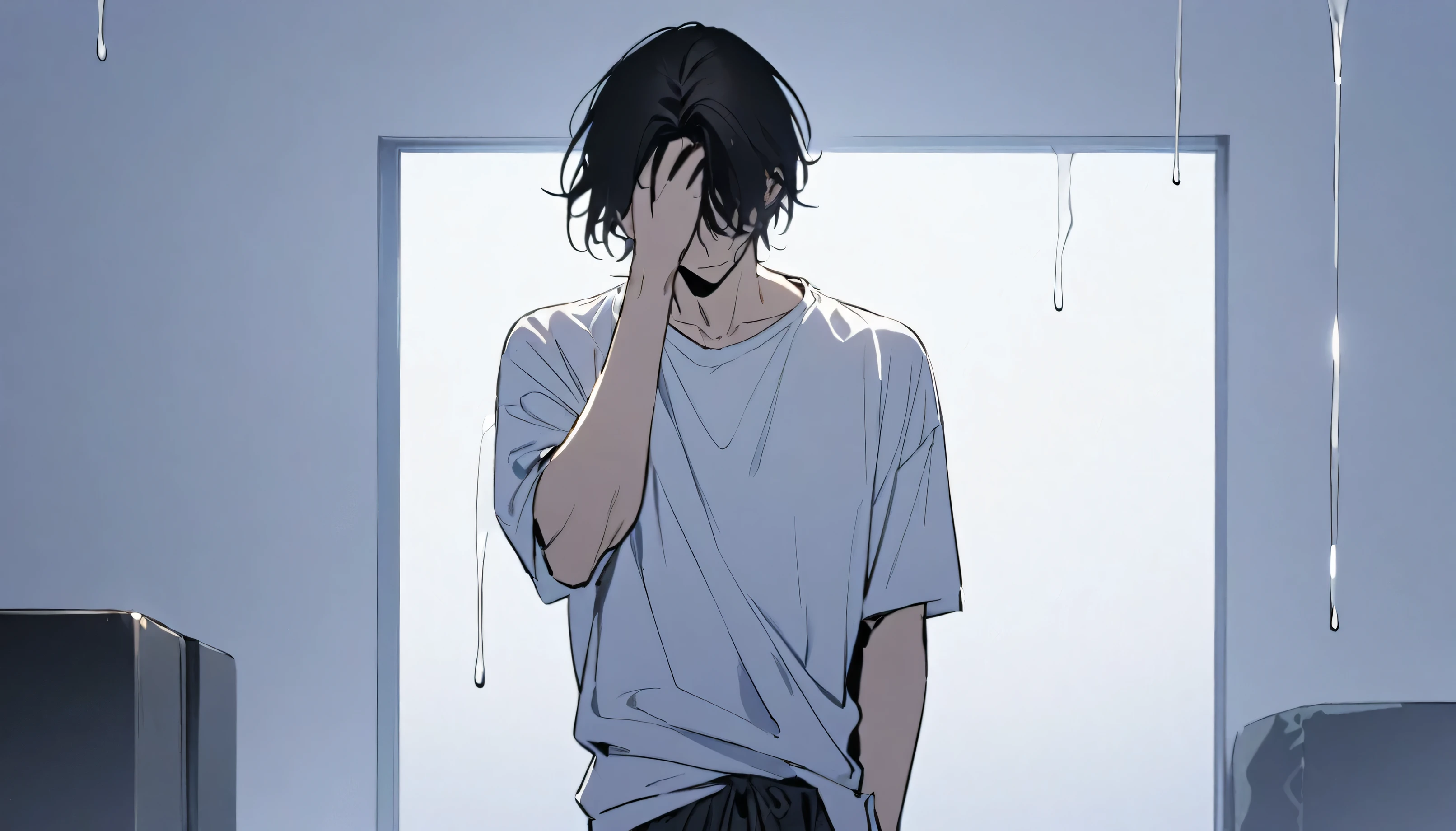 Man, fluid dripping from upper body, black hair, hair covering eyes, handsome, alone, stays for a moment, full body, women's shirt, plain white room