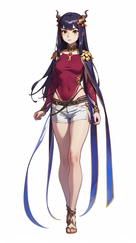 ((masterpiece,Best quality,8 K,a high resolution)),((character concept art)), 1 woman, young adult woman, Yellow medieval summer girl, concept, vines on the hand and horns from the vines, full length, whole body, magic hunter, White shorts, (White shorts), (Red shirt), (standing still), (full body showcase), (показать whole body), (no logos on background), (no logo), ((simple background)), ((simple background)), (((empty background)))