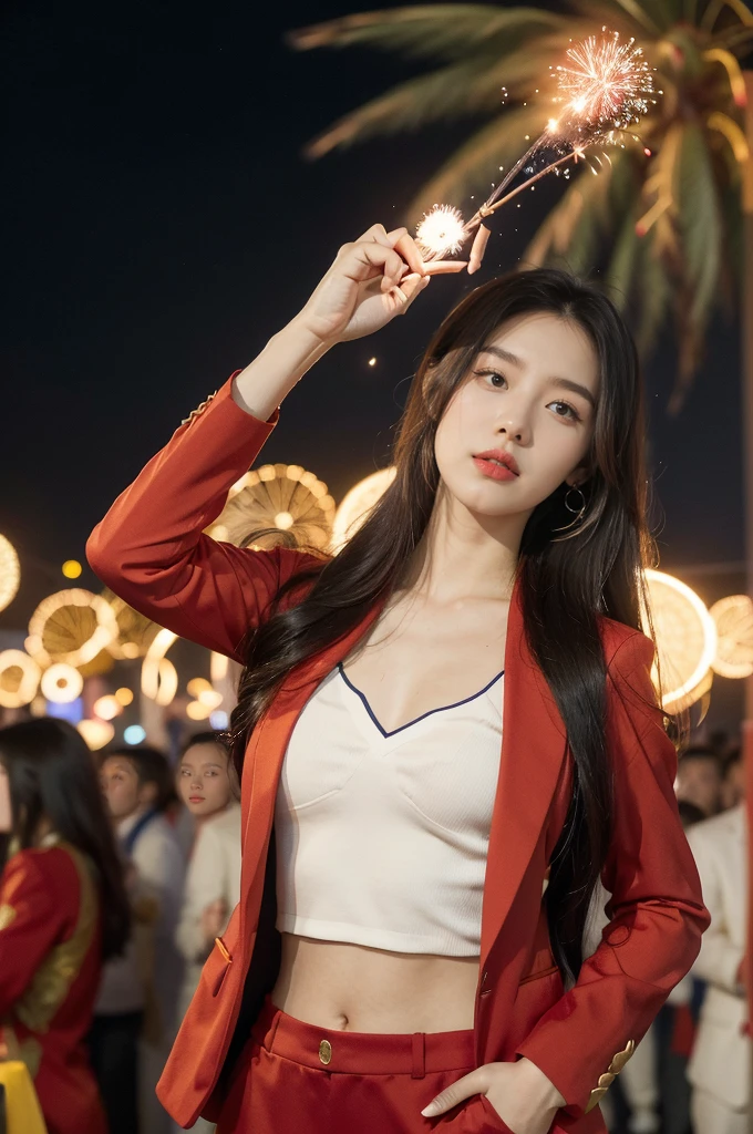 "(((best quality))),(((ultra detailed))),(((masterpiece))),illustration, ((Olympic Opening Ceremony,in Paris,summer night,magnificent National stadium of France,Olympic torch lighting, fireworks)),(crowded crowds of enthusiastic spectators:1.3),((a beautiful Chinese girl,solo)),((shoulder length straight hair:1.2)),((slim,thin)),((small breasts,flat chest)),(((red suit blazer,yellow pants))), excited expression, awe, celebrating, electric atmosphere, sense of pride, excitement, playing field, crowd energy, unity, camaraderie, representing China, historic event, memorable moment,((from front,upper body))