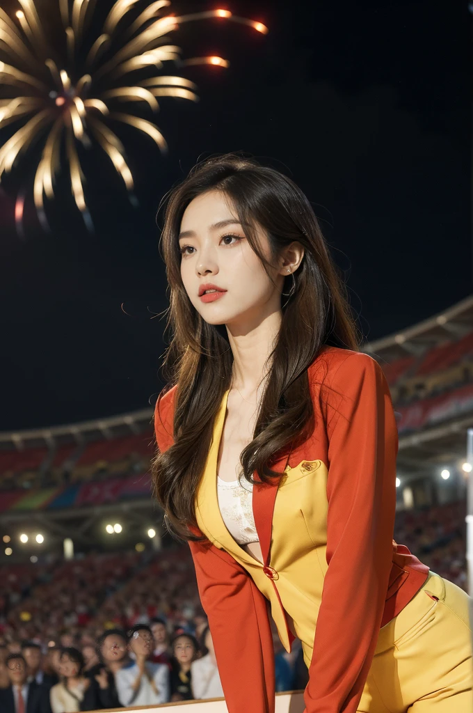"(((best quality))),(((ultra detailed))),(((masterpiece))),illustration, ((Olympic Opening Ceremony,in Paris,summer night,magnificent National stadium of France,Olympic torch lighting, fireworks)),(crowded crowds of enthusiastic spectators:1.3),((a beautiful Chinese girl,solo)),((shoulder length straight hair:1.2)),((slim,thin)),((small breasts,flat chest)),(((red suit blazer,yellow pants))), excited expression, awe, celebrating, electric atmosphere, sense of pride, excitement, playing field, crowd energy, unity, camaraderie, representing China, historic event, memorable moment,((from front,upper body))