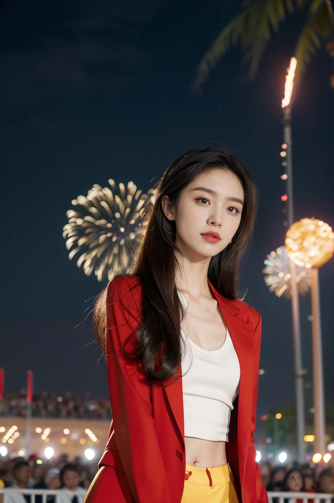 "(((best quality))),(((ultra detailed))),(((masterpiece))),illustration, ((Olympic Opening Ceremony,in Paris,summer night,magnificent National stadium of France,Olympic torch lighting, fireworks)),(crowded crowds of enthusiastic spectators:1.3),((a beautiful Chinese girl,solo)),((shoulder length straight hair:1.2)),((slim,thin)),((small breasts,flat chest)),(((red suit blazer,yellow pants))), excited expression, awe, celebrating, electric atmosphere, sense of pride, excitement, playing field, crowd energy, unity, camaraderie, representing China, historic event, memorable moment,((from front,upper body))