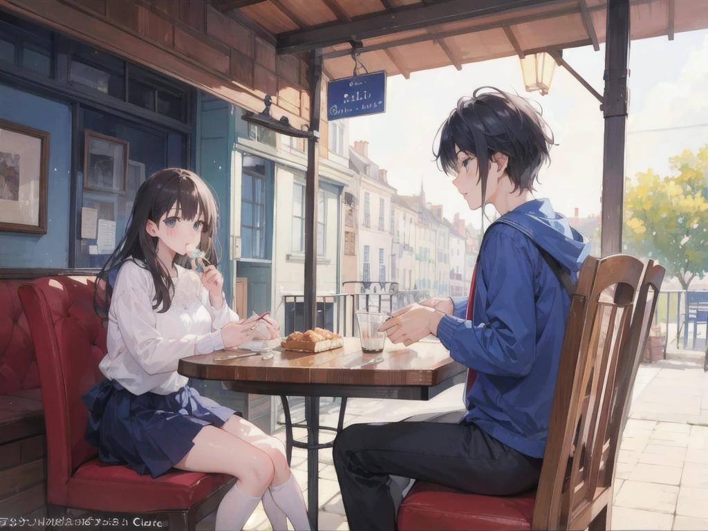 man and a girl, sit in blue cafe, French sweet, on date, eat