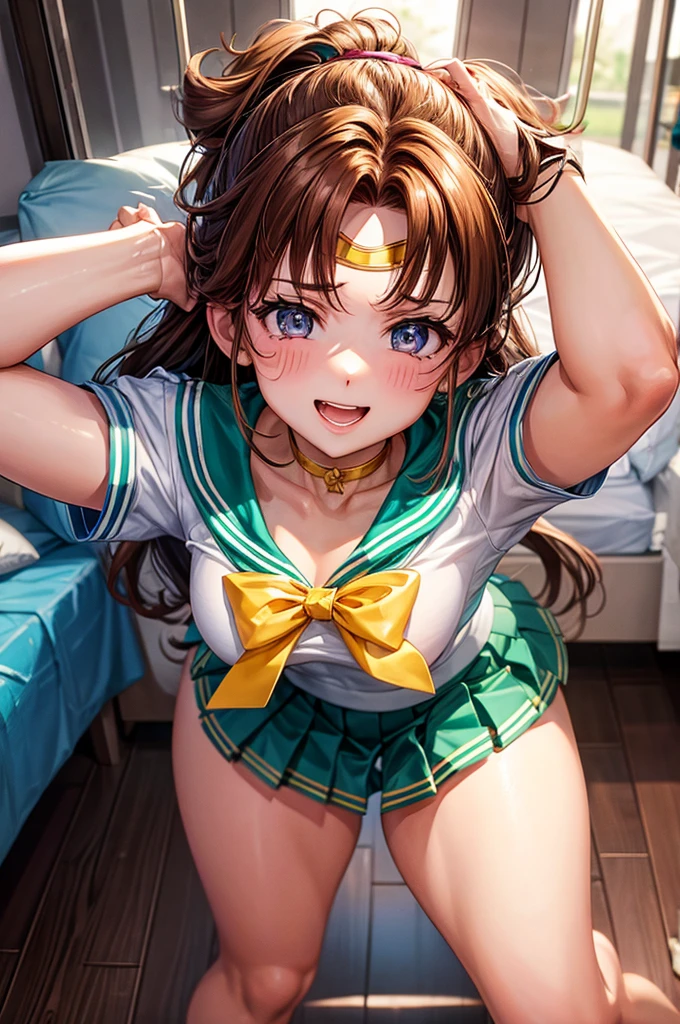 Sailor Jupiter, geen eyes, brown hair, long hair, ponytail, stunning proportions, full body shot, vagina, (cum, sweating, wet, dripping), spread legs, gentle smile, gentle light, bed, garter belt