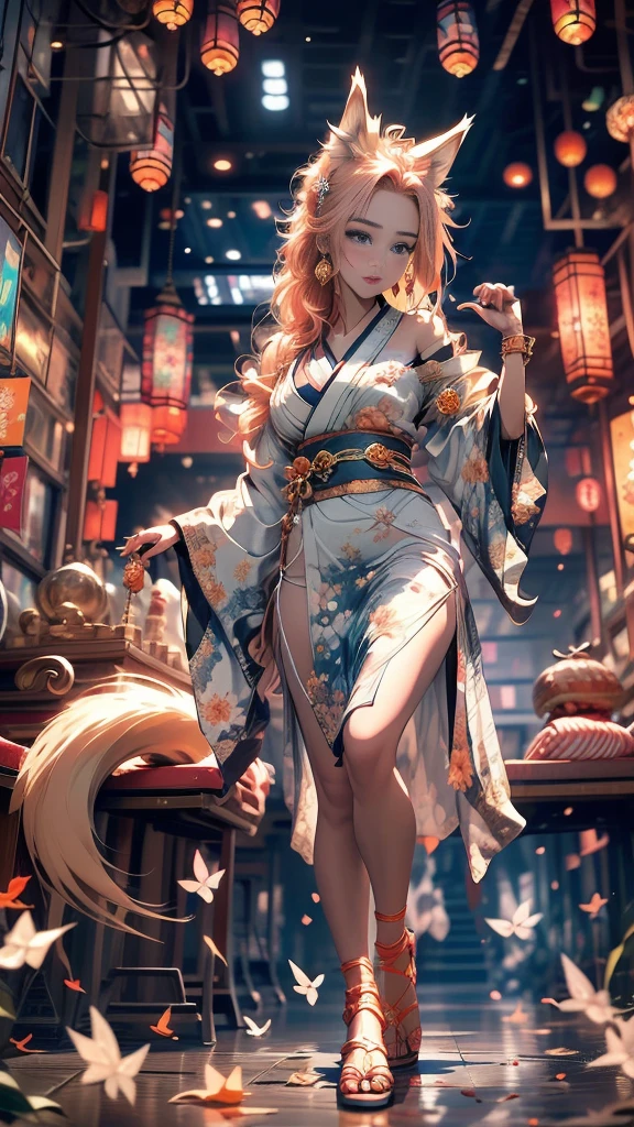 With delicately pointed fox-like ears atop her head and nine voluminous, fluffy tails cascading behind her, the enchanting figure before us embodies a mystical and ethereal beauty. This stunning portrayal, whether in a painting, photograph, or digital art, captures every nuance of her otherworldly allure. The vibrant colors of her fur, a mesmerizing blend of fiery oranges and soft creams, seem to shimmer and dance in the light, highlighting the intricate details of each tail and ear. The image is so exquisitely rendered that one can almost feel the softness of her fur and hear the gentle rustling of her tails as she moves. It is a masterful work of art that immerses viewers in a world of fantasy and wonder. and make her more sexy by giving her very big and ass give her a h cup chest. and a small beauty spot on her right breast. anime-style Japanese hair, shiny crimson hair, Her dress has a beautiful shimmering pulsating gold pattern that gives it an extraordinary look, golden butterflies fly next to the heroine, with their ethereal Japanese beauty (23 years old). A single lock of hair accentuates her delicate features, and she is adorned with sparkling gems. Her expressive eyes shine with emotion, and her fair skin complements her slender figure. This stunning character comes to life through digital painting. milky white skin and sky blue and mint green eyes. her eyes are bright and shiny. her frock reaches her ankle. give her a night time background walking among Sakura tress with golden butterflies fly next to the Girl. her nine-tails flow beautifully behind her clearly visible and she is wearing a nice Japanese style sandals. has a big firm ass wearing white stockings with golden design on them her kimono reaches to the ankle and her nine-tails dance behind her in a otherworldly beauty of tails sakura tree petals and golden butterflies