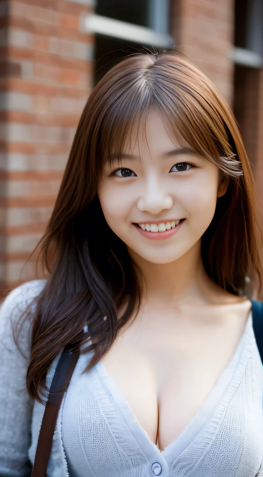 masterpiece,best quality,(Japanese ),((Beautiful girl)),cleavage,(perfect body beauty:1.2),(shy smile),beautiful teeth,(Blurred background of brick buildings),