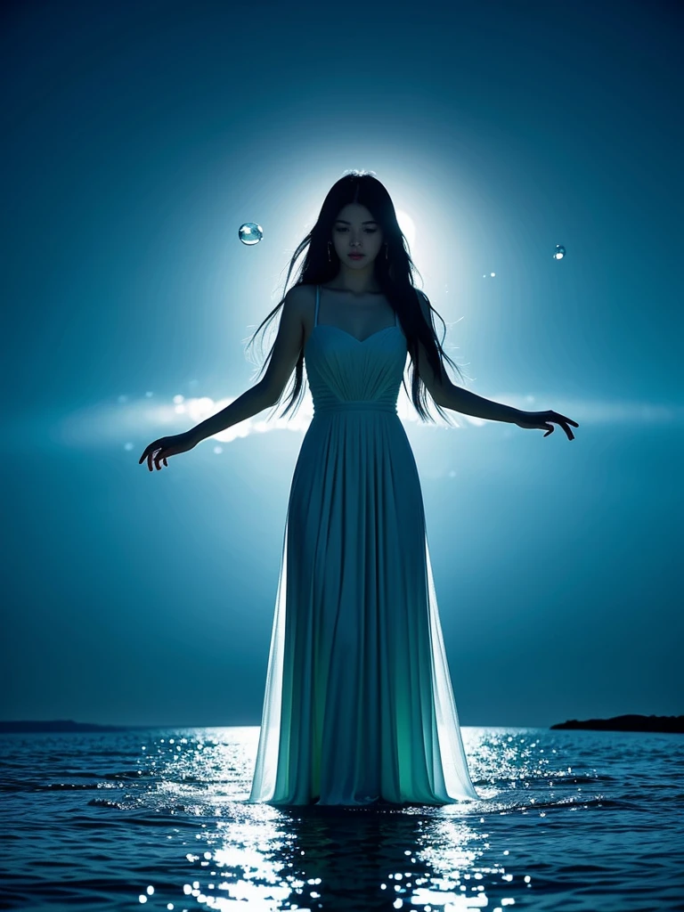 Young woman wearing a dress entirely made of transparent flowing water. Fluid, cascading gown with dynamic water movement. Large soap bubble-like spheres incorporated into the water fabric, creating a mesmerizing blend of flowing liquid and delicate bubble structures. Dynamic poses, dancing, Shimmering, iridescent water surface with rainbow reflections on bubble areas. Water drops of various sizes forming the dress's texture. High-detail photography, fantasy concept art style. Simple plain light blue background. Flowing water in space.