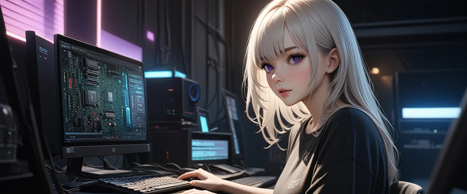 best quality, masterpiece, High resolution, A girl, white hair, purple eyes, black shirt Beautiful face, Tyndall effect, lifelike, Dark studio, Side light , Two-color light, ( With HD:1.2), 8k , Soft light, High Quality, Volumetric lighting, straight, High resolution, 8k, Circuit board, Depth of field, female hacker, computer.