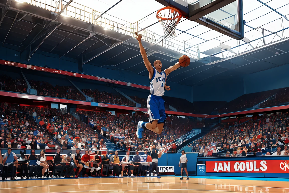 One boy, (Dunk Shot), basketball, Basketball goal, Sportswear, Indoor professional arena, Vivid lighting, The audience is going wild, The final seconds of the final, The moment you jump high, A powerful figure heading towards the ring