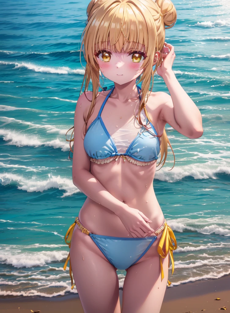 mahirushiina, Mahiru Shiina, Long Hair, bangs, Blonde, Brown Hair, (Yellow Eyes:1.3), smile,blush,Hair Bun, double  Hair Bun,Yellow bikini swimsuit,barefoot,Water Play,Ocean,Sandy Beach,whole bodyがイラストに入るように,Wet Hair,Wet Skin,Wet swimsuit,
break outdoors, Beach,
break looking at viewer, whole body,(Cowboy Shot:1. 5)
break (masterpiece:1.2), Highest quality, High resolution, unity 8k wallpaper, (figure:0.8), (Beautiful attention to detail:1.6), Highly detailed face, Perfect lighting, Highly detailed CG, (Perfect hands, Perfect Anatomy),