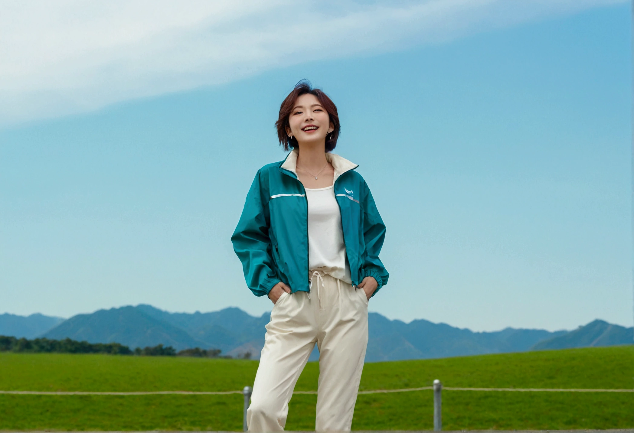 high quality, 1 woman, ((36 years old 건강한 한국 여성)), ((36 years old)), 1 woman, The eyes are big and beautiful. ((slim)), ((short medium hair)), laugh. pose: standing, High-end luxury brand windbreaker jacket, white casual pants, background: 1 woman, California, pasture, cattle, grass. Full body shot with 16-34 wide angle lens, look up to the side, blue sky, So that you can see the whole body, cattle가 풀을 뜯는다