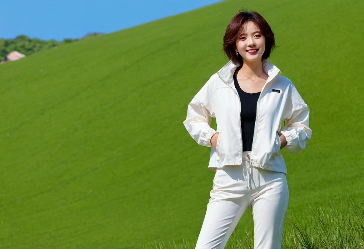 high quality, 1 woman, ((36 years old 건강한 한국 여성)), ((36 years old)), 1 woman, The eyes are big and beautiful. ((slim)), ((short medium hair)), laugh. pose: standing, High-end luxury brand windbreaker jacket, white casual pants, background: 1 woman, California, pasture, cattle, grass. Full body shot with 16-34 wide angle lens, look up to the side, blue sky, So that you can see the whole body, cattle가 풀을 뜯는다