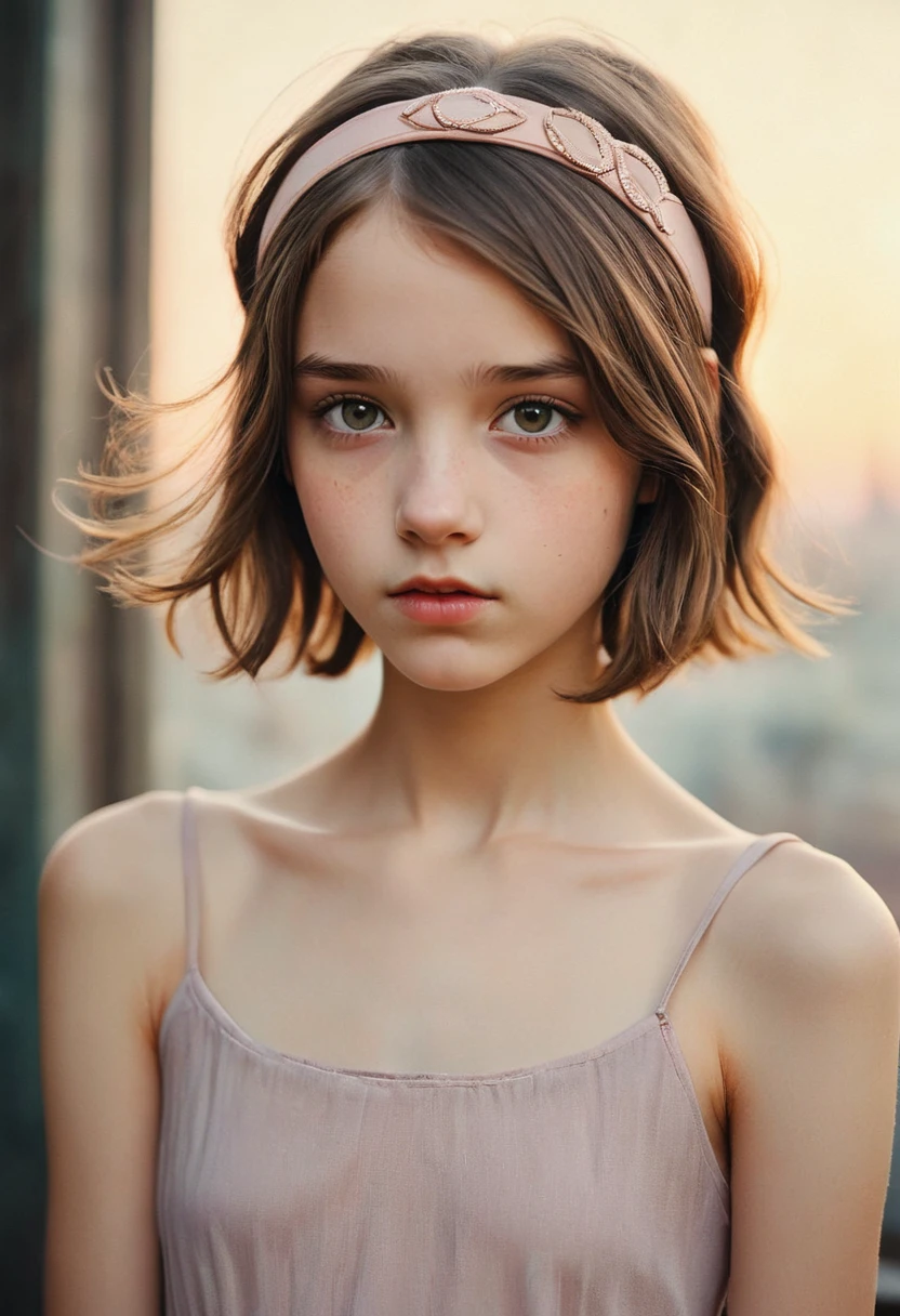 (Cinematic photos:1.3) from (Thigh length photos:1.3),(Skinny:1.3) Beautiful girl, (Complex brown hair), Very fine skin texture, Realistic textures кожи, Look directly into the camera, (Looking at the audience) ), pout, , shine, dramatic, Dreamy, Pastelный цветочный сад, elegant, Strange, Moderate, Very detailed, hard, Ultra-high-definition digital photography, Fantasy theme, Skinny shoulders, Knee-length photos , Beautiful young girl, Large target, Beautiful Body, высокодеталfromированный снимок в полный рост, Dreamy, Pastel, watercolor, Strange, Moderate, Detailed headband, высокодеталfromированная текстура, Realistic textures, number, Very detailed的照片, (Art Deco: 1 .хfromоралfromм:1.3),(Positivism:1.3),(fuji superia:1.3),, Golden hour lighting,