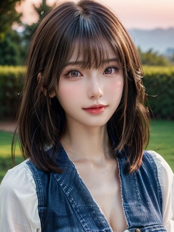 (masterpiece:1.2, Highest quality), (Beautiful, detailed eyes: 1.2, Beautiful skin, Beautiful hair), ((Straight bangs, Medium Bob Hair)), (Detailed eyes and face:1.3), Perfect Face, seductive eyes, (Beautiful and vivid background:1.2), (Highly detailed CG, Super detailed, Best Shadow:1.1), ((Depth of written boundary)), ((watercolor)), beautiful concept figure, (figure:1.1), (Very nice and beautiful:1.1), (Perfect detail:1.1), Cowboy Shot, view from front, Good posture and dignity, soft smiling, evening sunset,
